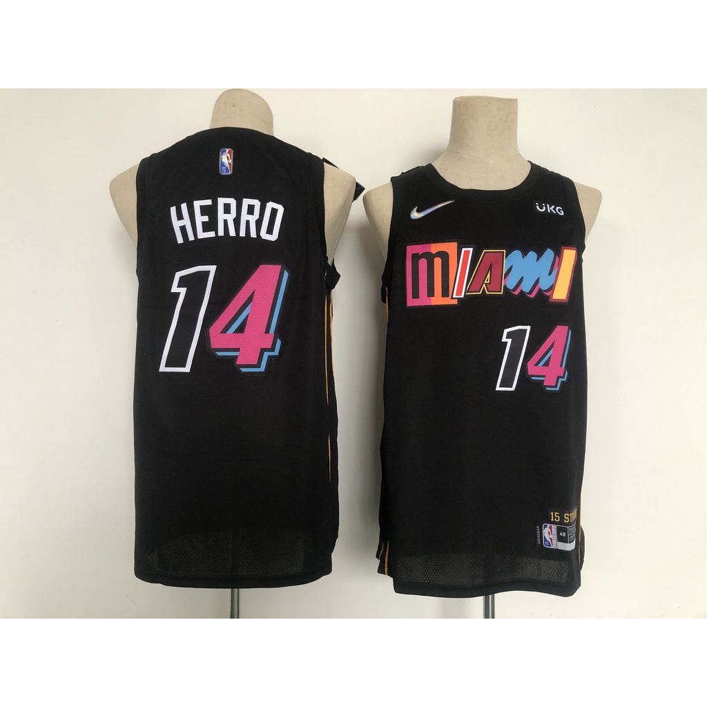 miami-heat-14-tyler-herro-เสื้อบาสเก็ตบอลสีดำของผู้ชายสั้น-เสื้อยืดกีฬา