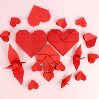 กระดาษพับ ทรงสี่เหลี่ยม สีแดง แฮนด์เมด DIY สําหรับเด็กอนุบาล 100 แผ่น