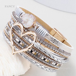 Fancy สร้อยข้อมือหนัง จี้ตาชั่วร้าย สไตล์โบฮีเมียน กว้าง เครื่องประดับแฟชั่น สําหรับผู้หญิง ปาร์ตี้ ของขวัญ