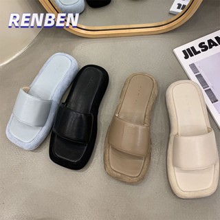 RENBEN  นิ้วเท้าสี่เหลี่ยมด้านนอกสวมรองเท้าแตะฝรั่งเศสหนาใหม่สําหรับโฮมออฟฟิศ