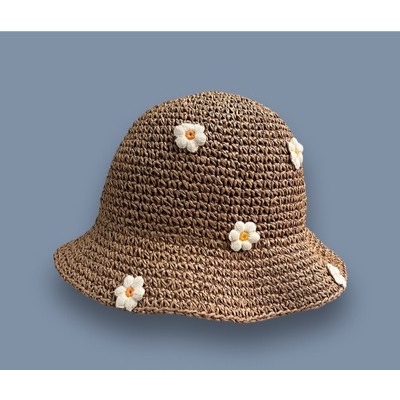 hb02-5-หมวกสานแบบบักเก็ตแต่งลายดอกไม้