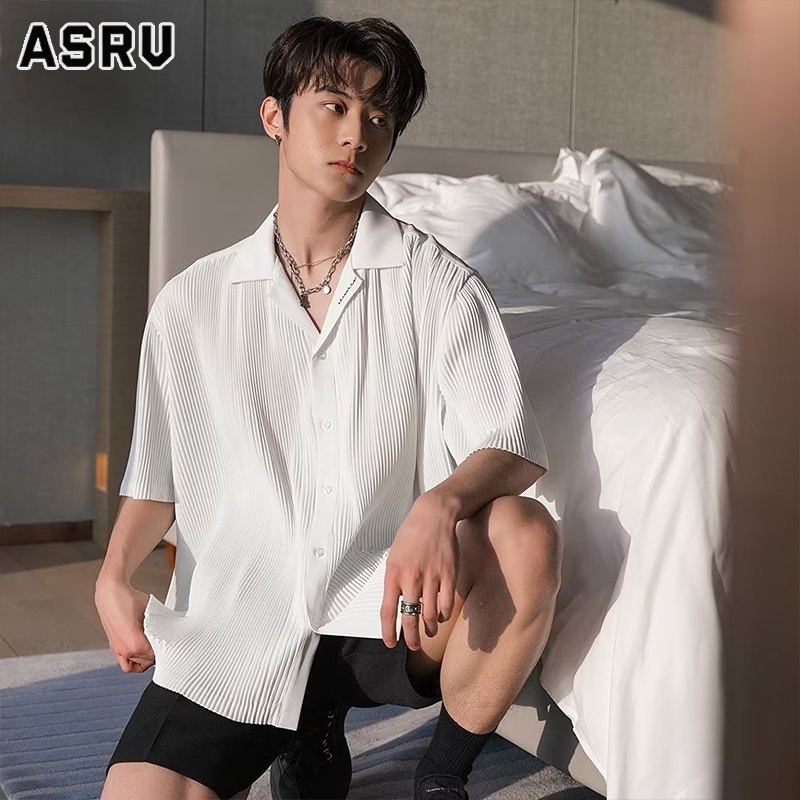 asrv-ผู้ชายแฟชั่นใหม่สไตล์ฮ่องกงสีทึบเสื้อเชิ้ตแขนสั้นเสื้อเชิ้ตลำลองสไตล์ฮาราจูกุญี่ปุ่นพร้อมความรู้สึกในการออกแบบ