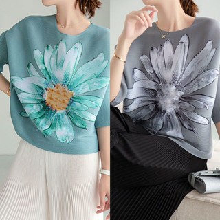 Miyake เสื้อคอกลม แขนสั้น พิมพ์ลาย ทรงหลวม ขนาดใหญ่ เข้ากับทุกการแต่งกาย แฟชั่นฤดูร้อน สําหรับผู้หญิง 2023