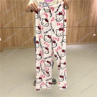 SANRIO ชุดนอนกางเกงลําลอง ผ้าสักหลาด ลายการ์ตูน Hello Kitty ให้ความอบอุ่น สีดํา สีชมพู แฟชั่นฤดูใบไม้ร่วง สําหรับสตรี