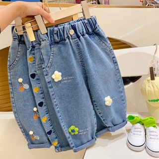 Girl a buckle cartoon embroidery label loose wide-plate washed jeans 2023 spring and autumn casual pants