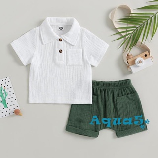 Aqq- ชุดเสื้อเชิ้ตแขนสั้น คอปก และกางเกงขาสั้น สีขาว แฟชั่นฤดูร้อน สําหรับเด็กผู้ชาย 2 ชิ้น