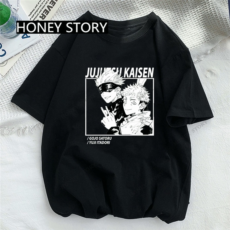 ราคาถูก-เสื้อยืด-jujutsu-kaisen-พิมพ์ลาย-anime-เสื้อยืดคอกลมสำหรับผู้ชายและผู้หญิงสีดำ-เสื้อคู่