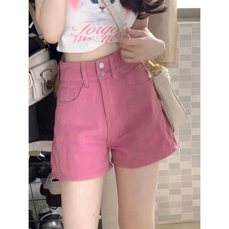 กางเกงยีนขาสั้น-ขากว้าง-เอวสูง-ทรงหลวม-สีชมพู-ไซซ์-s-xl