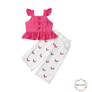 Babyclom- ชุดเสื้อแขนบิน และกางเกง ลายผีเสื้อ สีขาว แฟชั่นฤดูร้อน สําหรับเด็กผู้หญิง 2 ชิ้น