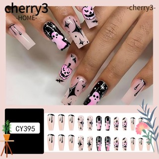 Cherry3 เล็บปลอม ลายฟักทองฮาโลวีน ถอดออกได้ ยาว 24 ชิ้น