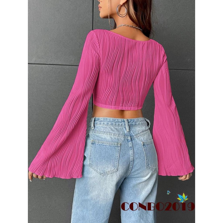 hgm-เสื้อครอปท็อปแขนยาว-คอตัก-เข้ารูป-สีพื้น-สไตล์สตรีท-สําหรับผู้หญิง