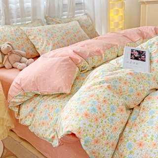 4 IN 1 ชุดเครื่องนอน ผ้าปูที่นอน ผ้าฝ้ายแท้ พิมพ์ลายดอกไม้ ขนาดเล็ก สีชมพู สําหรับเตียงควีนไซซ์ คิงไซซ์