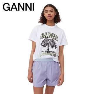 Ganni เสื้อยืดลําลอง แขนสั้น คอกลม พิมพ์ลาย CampTree ทรงหลวม สําหรับสตรี