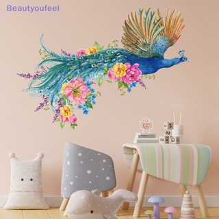 [Beautyoufeel] สติกเกอร์ติดผนัง ลายดอกไม้ นกยูง สีเขียว สไตล์จีน สําหรับตกแต่งบ้าน