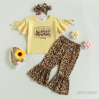 Babygarden-1-6 ปี ชุดเสื้อผ้าเด็กผู้หญิง, เสื้อคอกลม พิมพ์ลายตัวอักษรสีเหลือง + กางเกงขาบาน ลายเสือดาว + ที่คาดผม