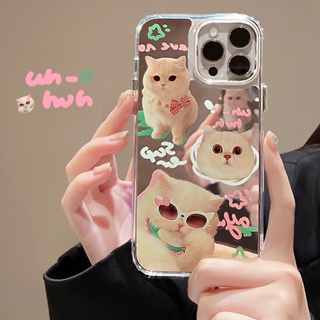เคสโทรศัพท์มือถือแบบใส ลายการ์ตูนแมว สีชมพู สีเขียว พร้อมกระจกแต่งหน้า สําหรับ Iphone 14 11 12 13 PRO MAX AT0214