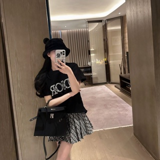 D-IOR-letter embroidered short-sleeved T-shirt jacquard full printing pleated skirt two-piece suit