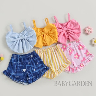 Babygarden-1-6 ปี ชุดเสื้อผ้าเด็กผู้หญิง แขนกุด โบว์หน้า Cami เสื้อกล้าม + กางเกงขาสั้น แต่งระบาย