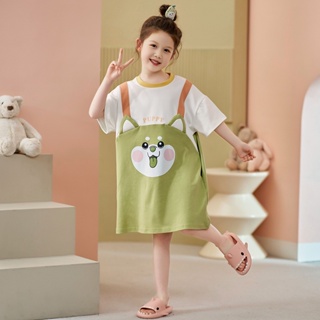 Summer cotton bear childrens short-sleeved nightdress New cute cartoon children home clothes