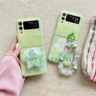 เคสโทรศัพท์มือถือแบบนิ่ม กันกระแทก ลายตัวอักษรภาษาอังกฤษ กราฟฟิตี้ ดาว พร้อมขาตั้ง และสายคล้องข้อมือ สีเขียว สําหรับ Samsung Galaxy Z Flip 4 Z Flip 3 5G Flip4 Flip3