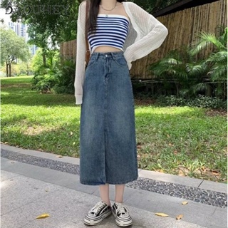 DaDuHey🎈 New Korean Style Ins Retro Washed Slit Denim Skirt Niche Chill High Waist A- line Skirt Bag Hip Skirt