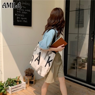 AMILA กระเป๋าโท้ทแบบพกพาที่เรียบง่ายของผู้หญิงเกาหลี แฟชั่นอินเทรนด์ กระเป๋าสะพายผ้าใบตัวอักษรวรรณกรรม ความจุสูง