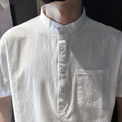 เสื้อเชิ้ตแขนสั้นลําลอง-ผ้าฝ้าย-และผ้าลินิน-คอปกสูง-ทรงหลวม-สีขาว-แบบเรียบง่าย-สําหรับผู้ชาย-slc08