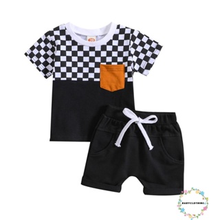 Babyclothes- ชุดเสื้อแขนสั้น พิมพ์ลายกระดานหมากรุก และกางเกงขาสั้น สีดํา แฟชั่นฤดูร้อน สําหรับเด็กผู้ชาย