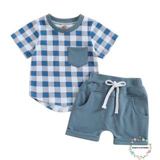 Babyclothes- ชุดเสื้อยืดแขนสั้น ลายสก๊อต พร้อมกระเป๋าเต้านม และกางเกงขาสั้น แบบยืดหยุ่น แฟชั่นฤดูร้อน สําหรับเด็กผู้ชาย 2 ชิ้น