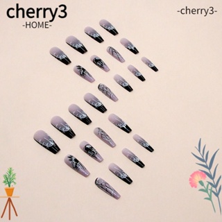 Cherry3 เล็บปลอม แบบเต็มรูปแบบ ถอดได้ ไล่โทนสี ใช้ซ้ําได้ ยาว สวมใส่ได้ สําหรับฮาโลวีน ผู้หญิง 24 ชิ้น