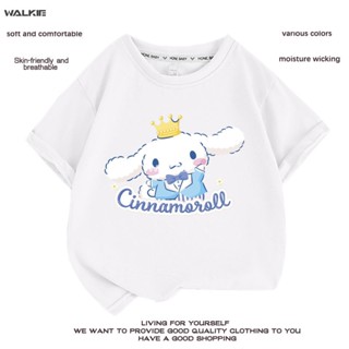 Walkie เสื้อยืดแขนสั้นลําลอง ผ้าฝ้าย พิมพ์ลายการ์ตูนอนิเมะ Cinnamoroll น่ารัก ทรงหลวม เหมาะกับของขวัญวันเกิด แฟชั่นฤดูร้