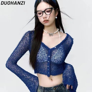 Duohanzi เสื้อท็อป ผ้าถัก แบบบาง ฉลุลาย เซ็กซี่ แฟชั่นสําหรับผู้หญิง
