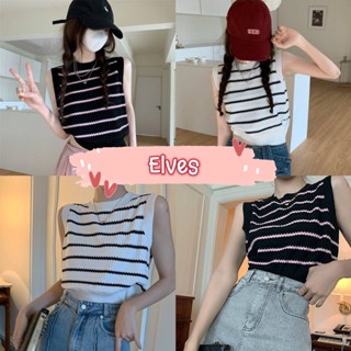 Elves✨พร้อมส่ง✨  เสื้อกล้ามแชนกุดไหมพรม ดีเทล ลายทางน่ารักเกาหลีๆ ~A577~