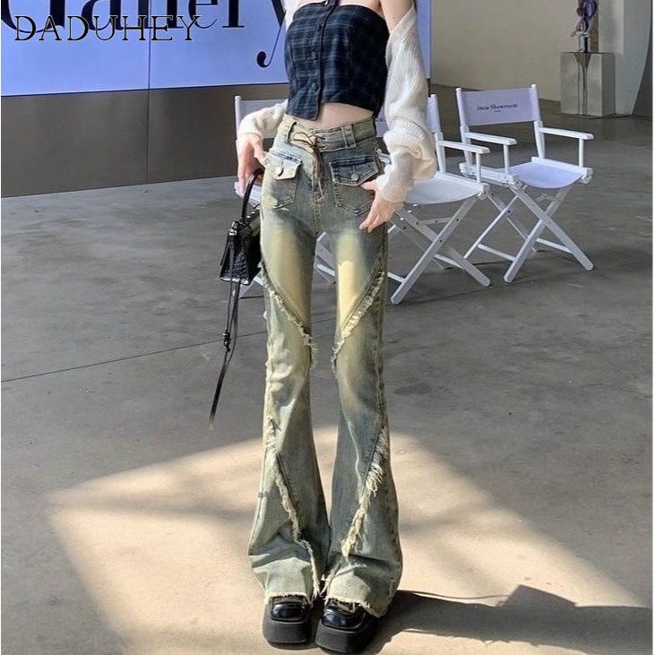 daduhey-new-american-style-retro-slimming-jeans-womens-spring-summer-high-waist-frayed-mop-floor-bootcut-trousers-casual-horseshoe-pants