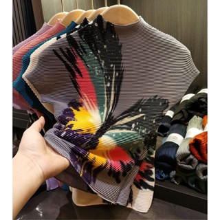 Miyake ใหม่ เสื้อคอตั้ง เข้ารูป พิมพ์ลายผีเสื้อ ข้าวโพด แฟชั่นฤดูใบไม้ผลิ ฤดูร้อน สําหรับผู้หญิง 2023