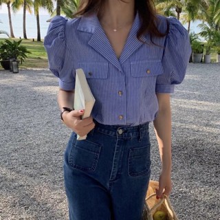 เสื้อเชิ้ตแขนพัฟ ลายทาง สไตล์เกาหลี สําหรับผู้หญิง DBIX