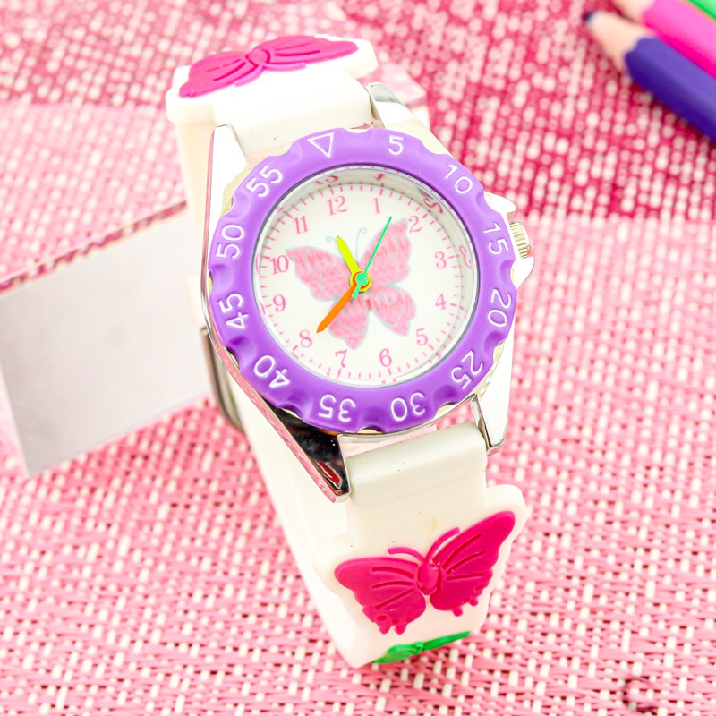 นาฬิกาข้อมือควอตซ์ไฟฟ้า-ลายการ์ตูนผีเสื้อน่ารัก-สําหรับเด็ก