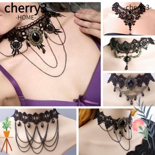 Cherry3 สร้อยคอโช้คเกอร์ ลูกไม้ สีดํา สไตล์วินเทจ วิคตอเรีย เครื่องประดับ สําหรับผู้หญิง