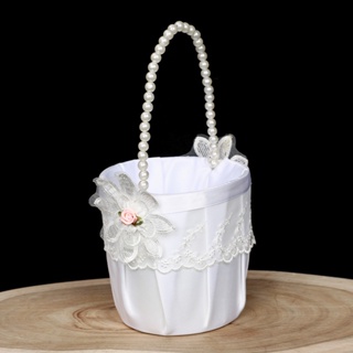 ตะกร้าดอกไม้ ผ้าซาติน ประดับไข่มุก ขนาดเล็ก สีขาว ของใช้ในครัวเรือน สําหรับใส่ดอกไม้ งานแต่งงาน