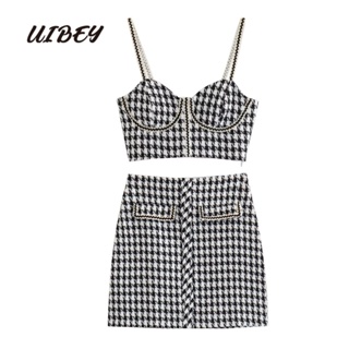 Uibey เสื้อกั๊ก ผ้าขนสัตว์ แฟชั่น + กระโปรงยาวครึ่งตัว เอวสูง 4604