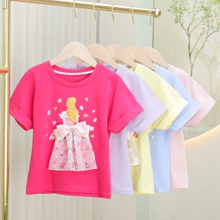 เสื้อยืดลําลอง ผ้าฝ้าย ลายการ์ตูนเจ้าหญิง ติดโบว์ แฟชั่นฤดูร้อน สําหรับเด็กผู้หญิง 2023