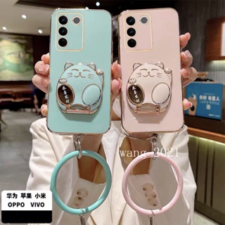 Ready Stock New Phone Case เคส VivoV27 VIVO V27e V27 Pro V25 V25e V25 Pro V23 V23e 5G 4G 2023 Casing New Fashion Cute Cat Stand Electroplated Soft Cover with Round Wristband เคสโทรศัพท