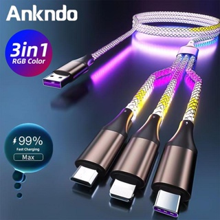 Ankndo 3-IN-1 6A 66W RGB สายชาร์จเร็วมาก Type-C Micro USB สายชาร์จ การไหลของสายข้อมูลเรืองแสง สีสันสดใส สําหรับ Iphone Android