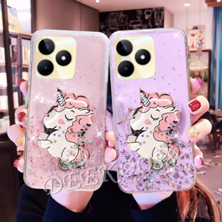 เคสโทรศัพท์มือถือ แบบนิ่ม ลายการ์ตูนยูนิคอร์น ประดับกลิตเตอร์ พร้อมขาตั้ง สําหรับ Realme C53 C55 NFC 10T 10 Pro+ Pro 5G Coca-Cola Edition 4G Plus