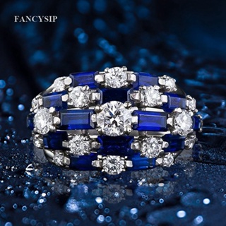 Fancy แหวนหมั้น ฝังสีฟ้า ขาว หรูหรา เครื่องประดับแฟชั่น สําหรับผู้หญิง งานหมั้น งานแต่งงาน