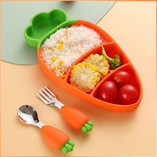 ซิลิโคนจานอาหารค่ำสำหรับเด็ก Baby Cute Carrot Shape 304 Stainless Steel Spoon Fork Set -FE