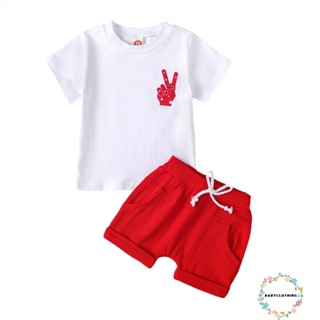 Babyclothes- เสื้อยืดแขนสั้น คอกลม พิมพ์ลายตัวอักษร ดาว และกางเกงขาสั้น สีแดง สําหรับเด็กผู้ชาย 2 ชิ้น