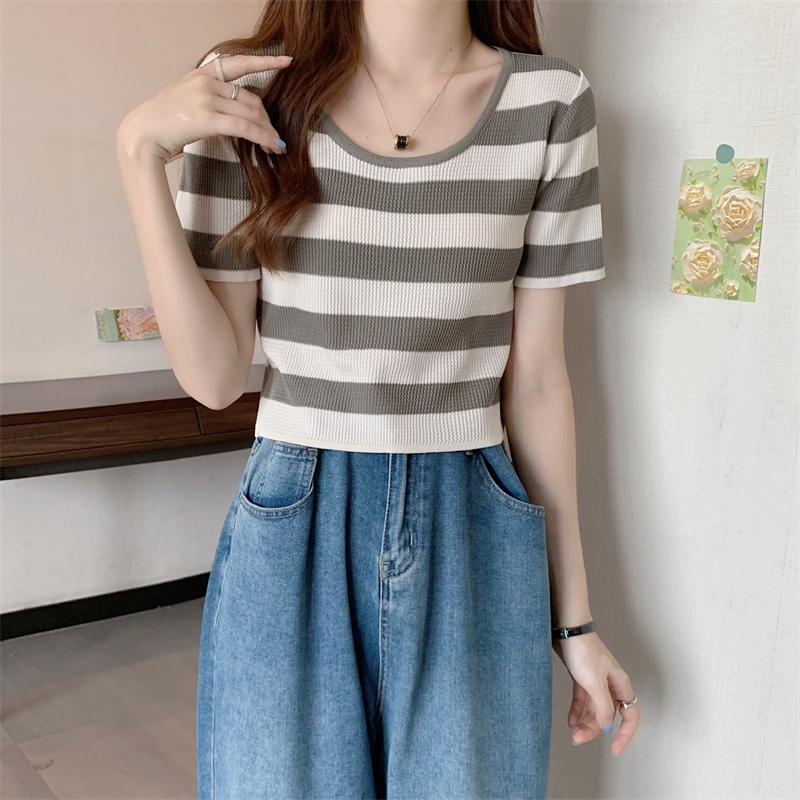 akifoon-store-91010-พร้อมส่ง-เสื้อยืดไหมพรมแขนสั้น-คอกลมลายทางมี-4-สีน่ารักมาก-สไตล์เกาหลีเก๋ไก๋-สีคมชัด-ส่งไวจากไทย