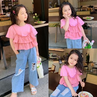 เสื้อยืดแขนสั้น คอกลม แต่งระบาย สีพื้น สไตล์เกาหลี แฟชั่นฤดูร้อน สําหรับเด็กผู้หญิง