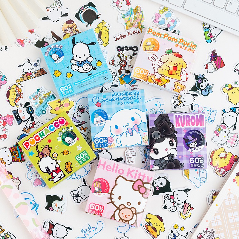 sanrio-สติกเกอร์-ลายการ์ตูน-hello-kitty-cinnamon-pom-pom-purin-pochacco-น่ารัก-สําหรับติดตกแต่งแล็ปท็อป-โทรศัพท์มือถือ-ไดอารี่-diy-จํานวน-60-ชิ้น-ต่อกล่อง